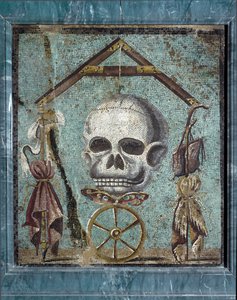 Memento mori, símbolos de vida y muerte. Mosaico de Pompeya. 2º estilo. Dim. 47x41 cm Museo Arqueológico Nacional, Nápoles de Roman