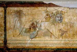 Arte romano: "Bodegón con máscaras de teatro" (detalle). Fresco alrededor de 25-19 a.C. Dim. 23 cm Roma, Museo Nazionale Romano de Roman