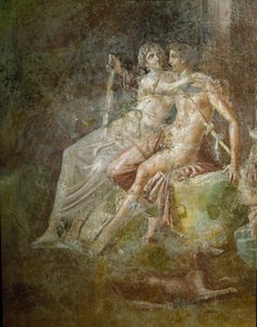 Arte romano: "Venus y Marte". Fresco de la Casa del Guitarrista en Pompeya. 3er estilo. Museo Arqueológico Nacional, Nápoles de Roman