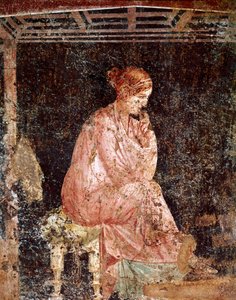 Arte romano: joven mujer sentada. Fresco romano del tercer estilo pompeyano de Pompeya (40-60 d.C.)