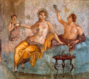 Arte romano: escena de banquete, un joven y una cortesana. Fresco romano del cuarto estilo pompeyano del sitio de Ercolano (Herculano) 60-80 d.C. de Roman