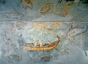 Arte romano: pescadores en un bote. Fresco de una casa ubicada cerca de un puerto fluvial de Roma. 131 d.C. Roma, Museo Nazionale Romano (o delle Terme) de Roman