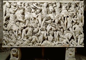 Arte romano: sarcófago Ludovisi con escena de batalla entre romanos y bárbaros de Roman