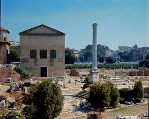Foro Romano: vista de la Curia, lugar de reunión del Senado. Siglo I a.C. Roma de Roman