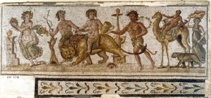 Antigüedad romana: "Procesión dionisíaca". Sileno monta un camello, una ménade toca un instrumento. Mosaico de El Djem (Thysdrus). Siglo III d.C. El Djem (Thysdrus), museo arqueológico de Roman
