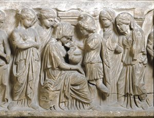 Antigüedad romana: "La tristeza de Fedra enamorada y rechazada por Hipólito". Bajorrelieve de sarcófago llamado "Fedra e Hipólito". Siglo III d.C. Palermo, Museo Arqueológico Nacional de Roman