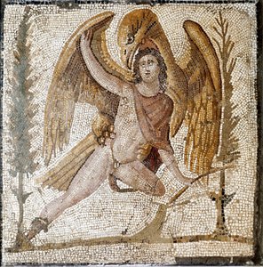 Arte romano: Ganimedes es llevado por un águila. Mosaico de una villa de la familia del emperador Septimio Severo. Finales del siglo II d.C. Roma, Museo Nacional Romano de Roman