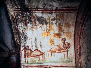 Arte romano: “Los sueños de José, hijo de Jacob”. Fresco del siglo IV. Catacumbas de Via Latina, Roma de Roman