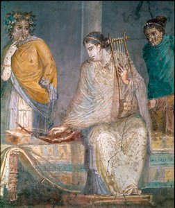 Arte romano: un citarista. Fresco del sitio de Castellammare di Stabia cerca de Nápoles. Siglo I d.C.