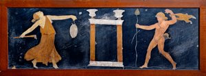 Arte romano: una ménade y un sátiro bailando cerca de un templo. Fresco de la Casa dei Capitelli dorati en Pompeya. 1er siglo d.C. Nápoles, Museo Arqueológico de Roman