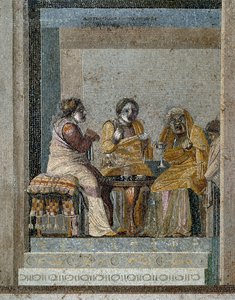 Arte romano: una bruja y la preparación de un filtro mágico. Mosaico basado en el original de Dioscórides de Samos (siglo II a.C.) en la casa de Cicerón en Pompeya