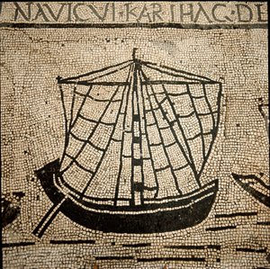 Arte romano: barco de carga. Mosaico del siglo III d.C. Ostia, Piazzale delle Corporazioni. Italia