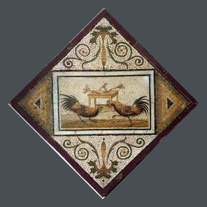 Arte romano: pelea de gallos. Mosaico de Pompeya. 4º estilo