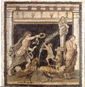 Arte romano: pelea de gallos en una palestra en presencia de las personificaciones de Derrota y Victoria. Mosaico de la Villa del Laberinto en Pompeya. 2º estilo de Roman