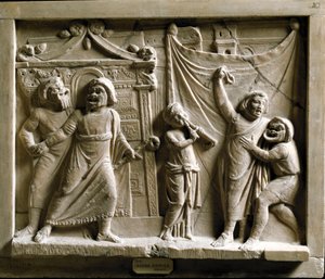 Arte romano: escena de teatro de comedia de la obra “Andria” de Terencio (Publius Terentius Afer) (185-159 a.C.), relieve de Pompeya - Museo Arqueológico Nacional de Nápoles de Roman
