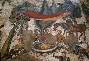 Arte romano: detalle del mosaico “La pequeña cacería” Cazadores descansan y almuerzan en un bosque. 315-350 d.C. Piazza Armerina, Villa Romana del Casale de Roman