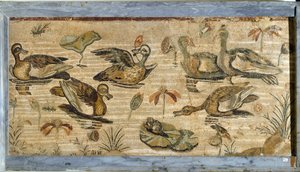 Arte romano: pato, rana y nenúfares en un estanque. Mosaico de la villa de la fauna en Pompeya. Siglo I. Dim. 132x164 cm. Museo Arqueológico Nacional, Nápoles