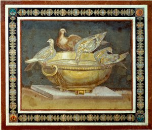 Arte romano: cuatro palomas bebiendo de una fuente. Mosaico de la Villa Adriana en Tívoli. Siglo II d.C. Roma, Museos Capitolinos