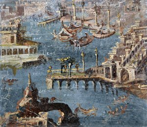 Arte romano: paisaje que muestra un puerto comúnmente identificado como Pozzuoli (fresco)
