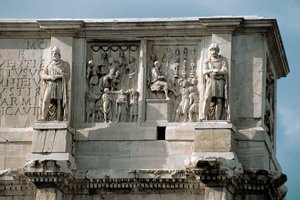 Arte romano: bajo relieve de mármol que representa la distribución de subsidios al pueblo (izquierda) y la rendición de un líder bárbaro (derecha) de Roman
