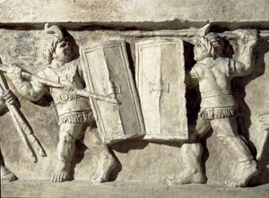 Arte romano: bajorrelieve que representa una batalla de gladiadores de Roman