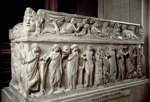 Arte romano: sarcófago de mármol decorado con las Musas y una escena de banquete. De Ostia. 120-130 d.C. de Roman