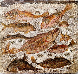 Arte romano: mosaico que representa peces. Siglo I o II d.C. De la Villa dei Settimii en Via Cassia. Museo Nazionale Romano, Roma