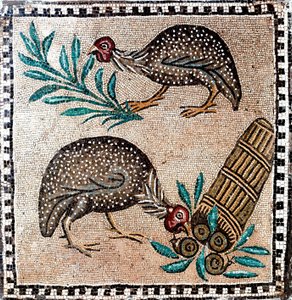 Arte romano: mosaico que representa gallinas de Guinea. Siglo I o II a.C. Roma, Museo Nazionale Romano