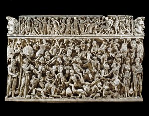 Arte romano: escena de batallas entre guerreros romanos y bárbaros durante las guerras marcomanas. Relieve del sarcófago llamado Portonaccio de un general de Marco Aurelio. 180-190. Roma, Museo Nazionale Romano de Roman