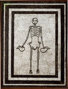 Arte romano: esqueleto portando un askos. Mosaico de la región del Vesubio. 1er siglo a.C. Museo Arqueológico Nacional, Nápoles de Roman