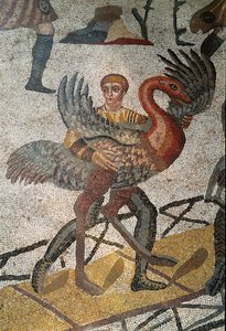 Arte romano: el transporte de avestruces en barcos es enviado a Roma. Detalle del mosaico de "La pequeña partida de caza" 315-350 d.C. Piazza Armerina, Villa Romana del Casale de Roman