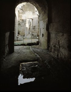 Arte romano: vista de los pasajes subterráneos del Coliseo en Roma, Italia de Roman