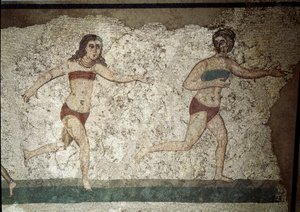 Arte romano: jóvenes romanos realizando ejercicios físicos. Llevan un taparrabos alrededor de los riñones y un strophium (antecesor del sostén) en el pecho. (detalle) Mosaico 315-350 d.C. Piazza Armerina, Villa Romana del Casale