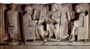Civilización romana. Relieve que representa una escena escolar. Trier, ciudad en Alemania a orillas del Mosela, conquistada por los romanos en el último siglo I a.C. y renombrada Trevorum de Roman