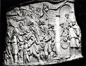 Escena sacrificial, un molde tomado de la Columna de Trajano, 113 d.C. de Roman