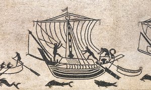 Barco acercándose a un puerto, detalle de un mosaico, siglo II d.C. de Roman