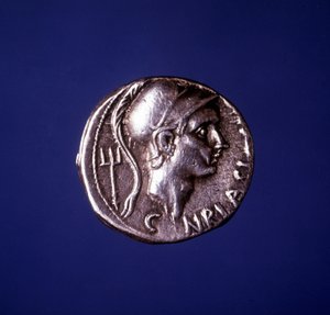 Moneda de plata con la efigie de Escipión el Africano (235 a.C. - 183 a.C.) de Roman