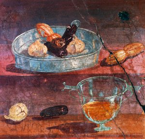 Bodegón con ajo, dátiles y miel, dos monedas de oro y plata entre frutas, pintura mural de la Casa de los Ciervos, Herculano (Lista del Patrimonio Mundial de la Unesco) de Roman