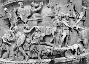 El emperador llegando a un pueblo mientras es saqueado, detalle de la columna de Marco Aurelio, AD 180-196 de Roman