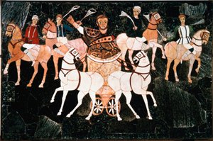 El cónsul romano Iulius Annius Bassus representa en un detalle de cuadriga de la placa de opus sectile del siglo IV. Basílica de Junius Bassus, Esquilino en Roma. Conservado en el Museo dei Conservatori, Roma de Roman