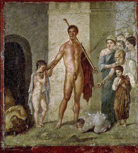 Teseo liberando a los niños del Minotauro, de la Casa de Gavius Rufus, Pompeya, estilo pompeyano 4, c.50-79 d.C.