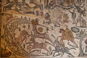 Tercera sala del apartamento privado, mosaico del piso, Villa Romana del Casale, Piazza Armerina, Sicilia, Italia