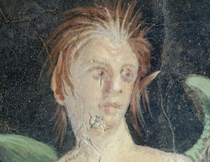 Genio alado, fragmento de fresco de la Villa de Publio Fanio Sinistor, Boscoreale, Campania, Italia, (detalle), civilización romana