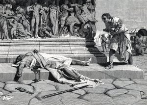 cadáver de Publio Clodio Pulcher (92-52 a.C.) hallado en la vía Apia de Roma (grabado)