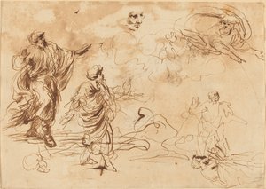 Estudios para una escena bíblica con Dios Padre apareciendo a una figura masculina con barba de Roman 17th Century