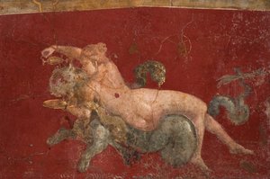 La nereida en una bestia marina de Roman Pompeian wall painting.