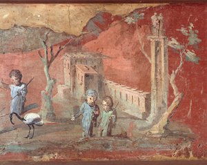 Antiguo fresco romano con escena rural