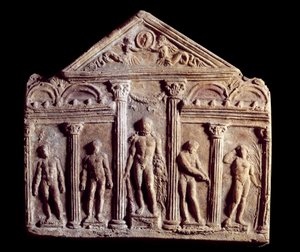 Placa decorativa de terracota llamada Campana representando un templo con estatuas