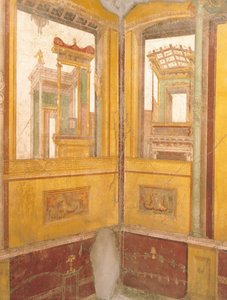 Detalle de pared pintada al fresco en arquitectura de imitación, Casa de los Vettii, Pompeya , Campania, Civilización romana de Roman Roman