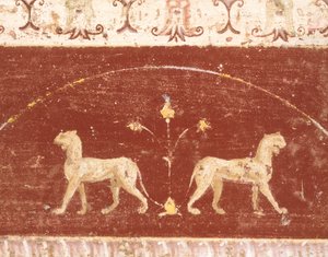 Decoración al fresco de la Sala del Tablino, Casa de Marco Lucrecio Fronto, Pompeya , Campania, Civilización romana